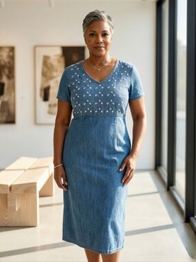 Vintage Cleo Petites Light Blue Short Sleeve Jean Dress White Floral Embroidery